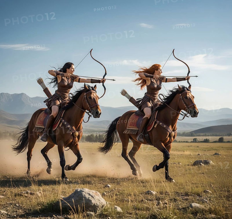 Two Amazons ride on horses and armed with bows and arrows, symbolic image warrior, female rider, Greek mythology, woman, fighter, AI-generated, AI-generated, AI generated