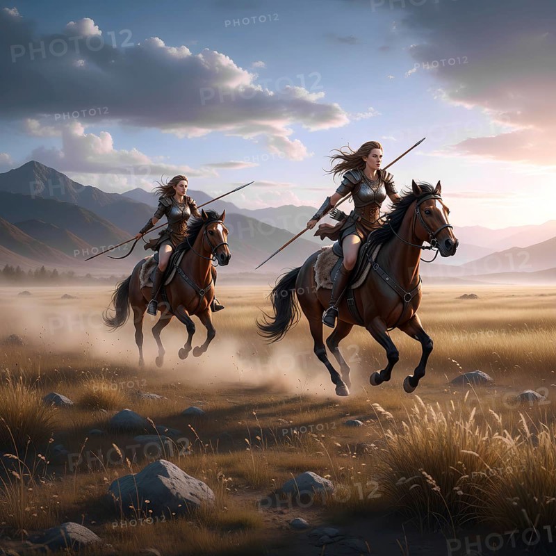 Two Amazons ride on horses and armed with spear, symbolic image warrior, female rider, Greek mythology, woman, fighter, AI-generated, AI-generated, AI generated