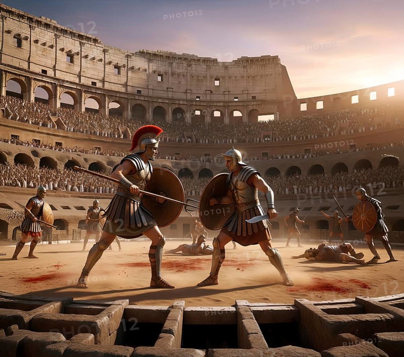 Two gladiators with helmet, shield and sword fight in a Roman arena, symbol ancient, Roman, gladiator fights, Roman Empire, history, combat, sword fighting, AI generated, AI generated