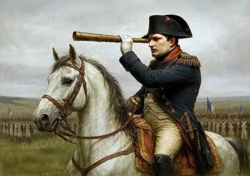 The French Emperor Napoleon Bonaparte on his horse looks through his telescope at the troops of his army, symbolic image of France, Empire, Conquest, Battle, Soldiers, History, Battle of Nations 1813, AI generated, AI generated