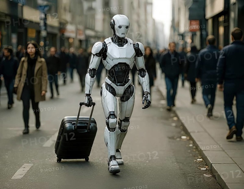 Symbolic picture, a humanoid robot with luggage and suitcase on the way to a trip, cybernetics, leisure, recreation, vacation, machine, ethics, fundamental right, humanoid robot, technology, morality, AI generated, AI generated