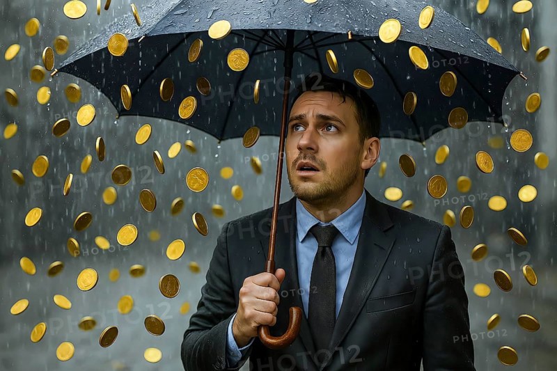 A man under an umbrella, it rains coins, symbolic image, money, wealth, greed, money rain, finance, AI generated, AI generated
