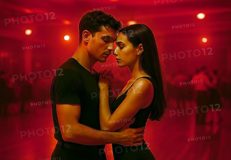 A young couple in love dances under red light, symbolic picture, dance, love, couple, affectionate, lighting, AI generated, AI generated