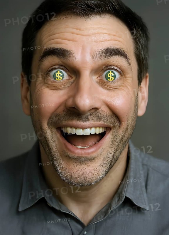 Portrait, a man has dollar signs in his eyes, symbolic image, money, dollars, finances, finance, greed, wealth, currency, debt, AI generated, AI generated
