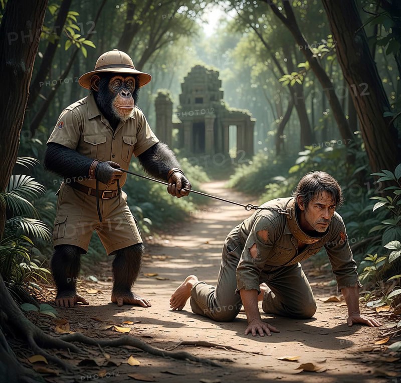A chimpanzee leads a human, a man, on a leash, symbolic image, domination, slavery, pet, relationship, submission, chimpanzee, hominid, violence, AI generated, AI generated