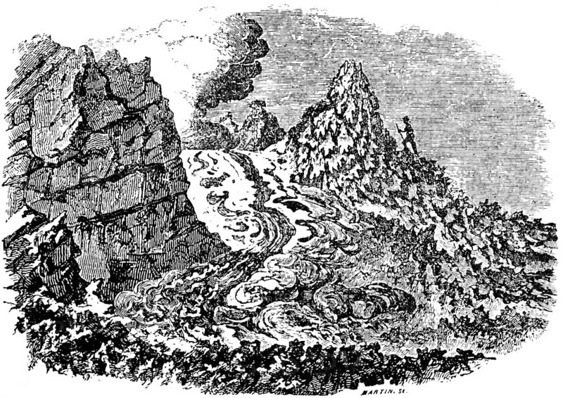 Flowing lava flow after the eruption of Vesuvius, natural disaster, geology, Gulf of Naples, Campania, smoke, eruption, heat, rock, hiker, curiosity, Italy, travel, historical illustration around 1900