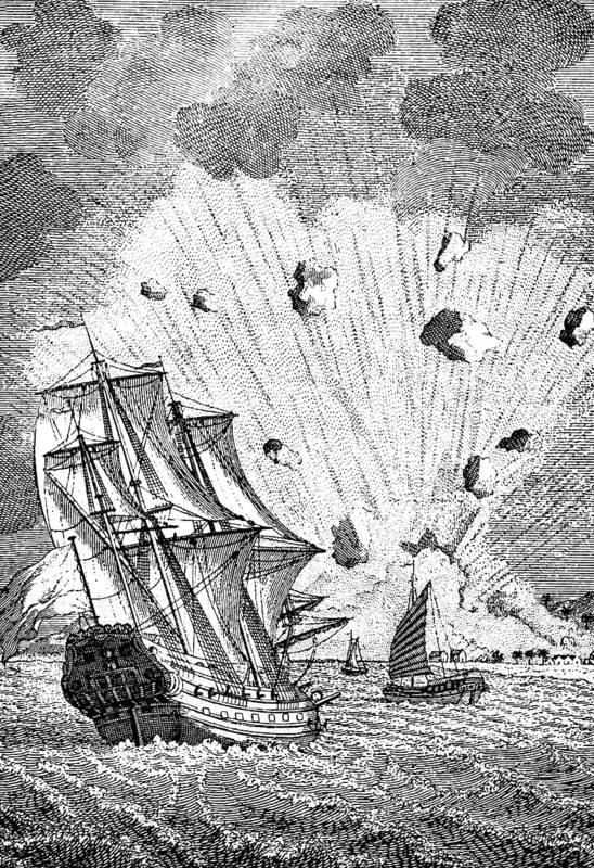 Volcanic eruption on the Moluccas Islands, archipelago in the Pacific Ocean, Indonesia, natural disaster, geology, sailing ships, swell, lava, place, houses, rocks flying, travel, historical illustration around 1900