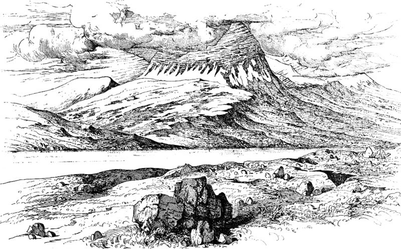 Dormant volcano SkarÃ°sheiÃ°i (1054 m) in the west of the Atlantic island, Hafnarfjalls mountain range, eternal snow, mountain landscape, mountain peaks, geology, tectonics, cloud cover, climate change, travel, volcanism, Iceland, historical illustration around 1900