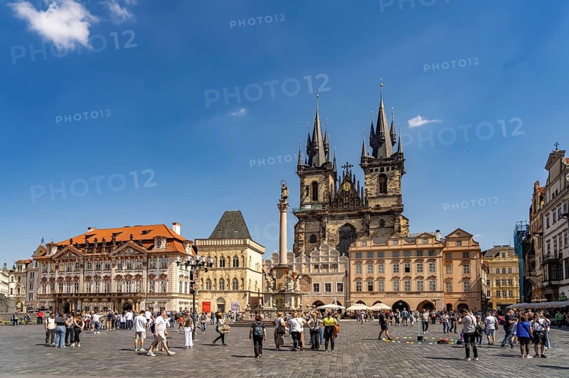 St. Mary's Column and Tyn Church on Old Town Square in Prague's Old Town, Prague, Czech Republic