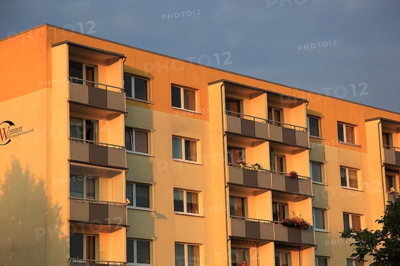 Rental apartments of the Weimar housing cooperative, prefabricated building, balconies, renovated, living space, Mecklenburg-Western Pomerania, Germany