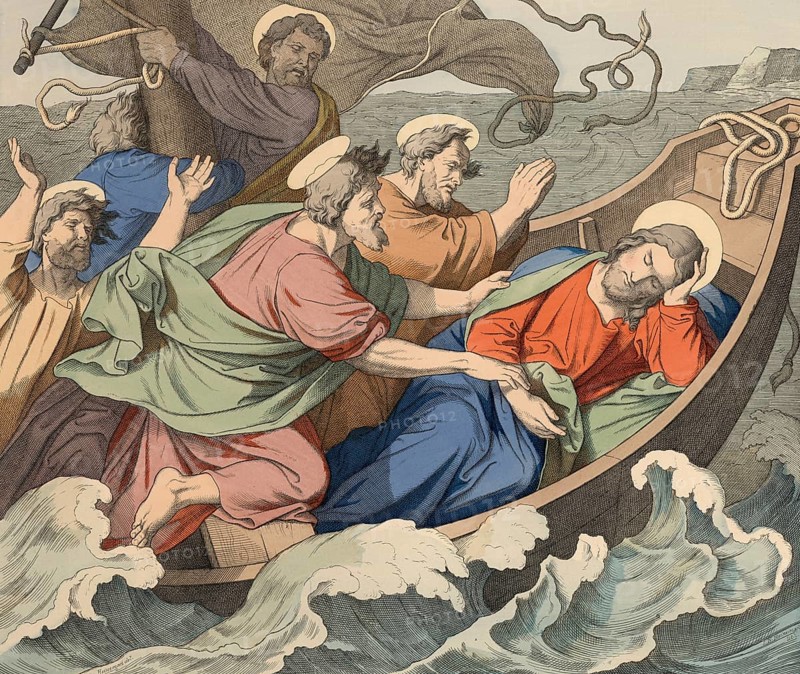 Biblical story, Jesus, the storm at sea, a biblical story in which Jesus and his disciples are traveling in a boat across the Sea of Galilee when a violent storm suddenly breaks out. While the disciples panic because they fear drowning, they wake the sleeping Jesus, who then silences the storm through his word, illustration, reproduction from a 19th-century model. Authentic, file restored for optimal use, exact date of submission unknown, historical