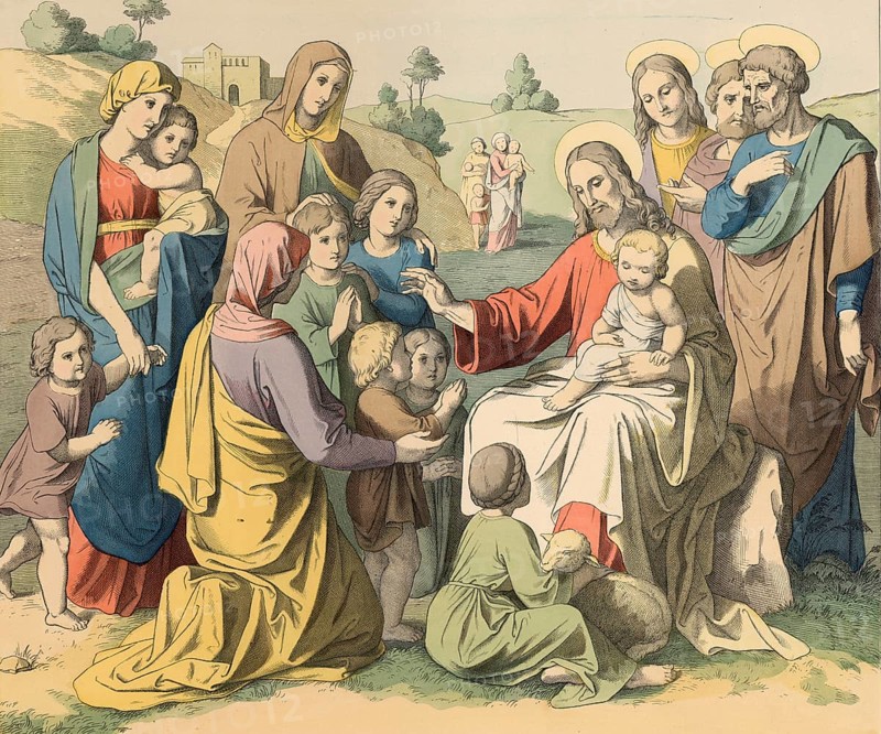 Biblical story, Jesus the Child Friend, parents brought their children to Jesus so that he would touch or bless them, illustration, reproduction from a 19th-century model. Authentic, file restored for optimal use, exact date of submission unknown, historical