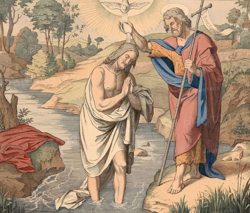 Biblical story, Jesus' baptism. The baptism of Jesus by John the Baptist took place in the Jordan River when Jesus was around 30 years old, illustration, reproduction from a 19th-century model. Authentic, file restored for optimal use, exact date of submission unknown, historical