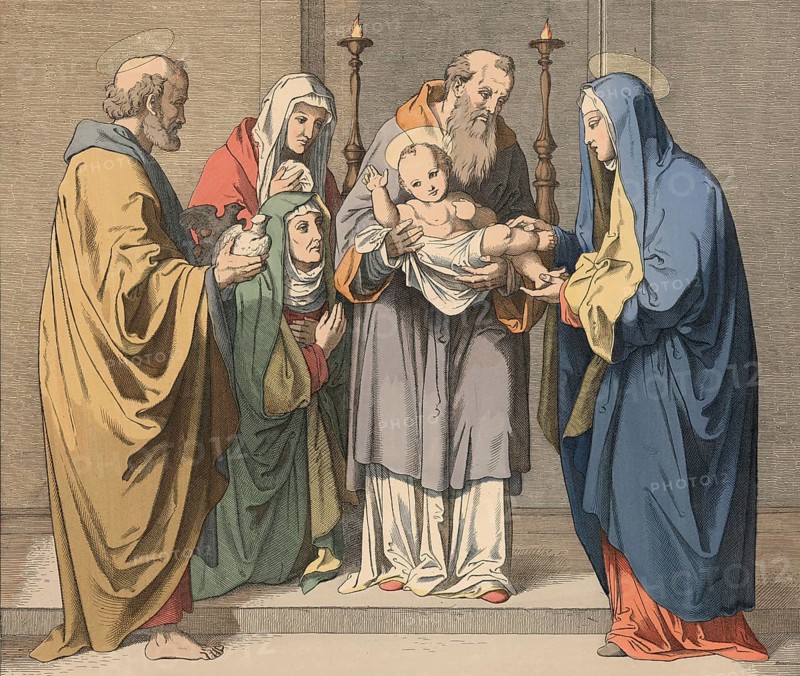 Biblical story depicting Jesus in the temple. Presentation of the Lord in which the infant Jesus is recognized and blessed by Simeon in the temple, illustration, reproduction from a 19th-century model. Authentic, file restored for optimal use, exact date of submission unknown, historical