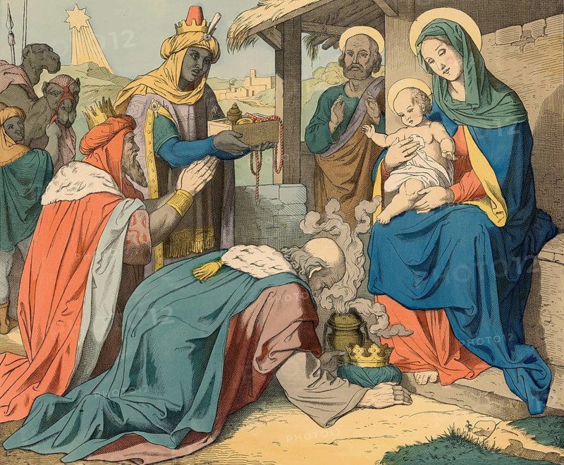 Biblical story, Adoration of the Magi from the East, a central motif in Christian art depicting the visit of the Magi to Jesus after his birth, illustration, reproduction from a 19th century model. Authentic, file restored for optimal use, exact date of submission unknown, historical