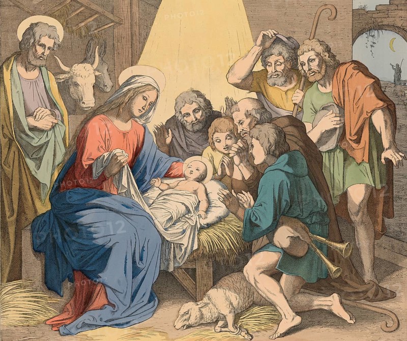 Biblical story, the birth of Jesus, the shepherds at the manger. Historical research suggests that Jesus was probably born between 4 and 8 BC, illustration, reproduction from a 19th-century model. Authentic, file restored for optimal use, exact date of submission unknown, historical