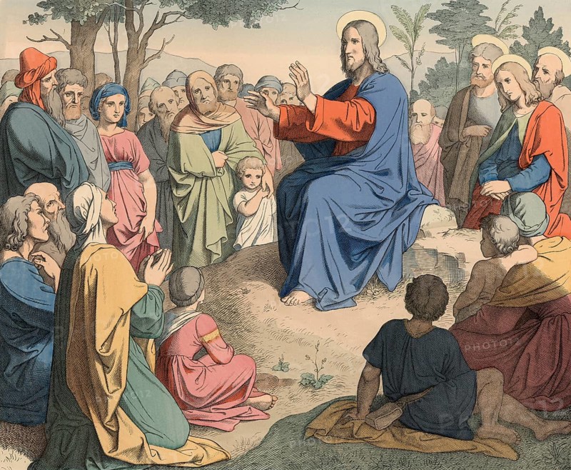 Biblical story, The Predict on the Mountain, one of the most famous and effective texts of the New Testament and is considered the core of Jesuan ethics, illustration, reproduction from a 19th-century model. Authentic, file restored for optimal use, exact date of submission unknown, historical