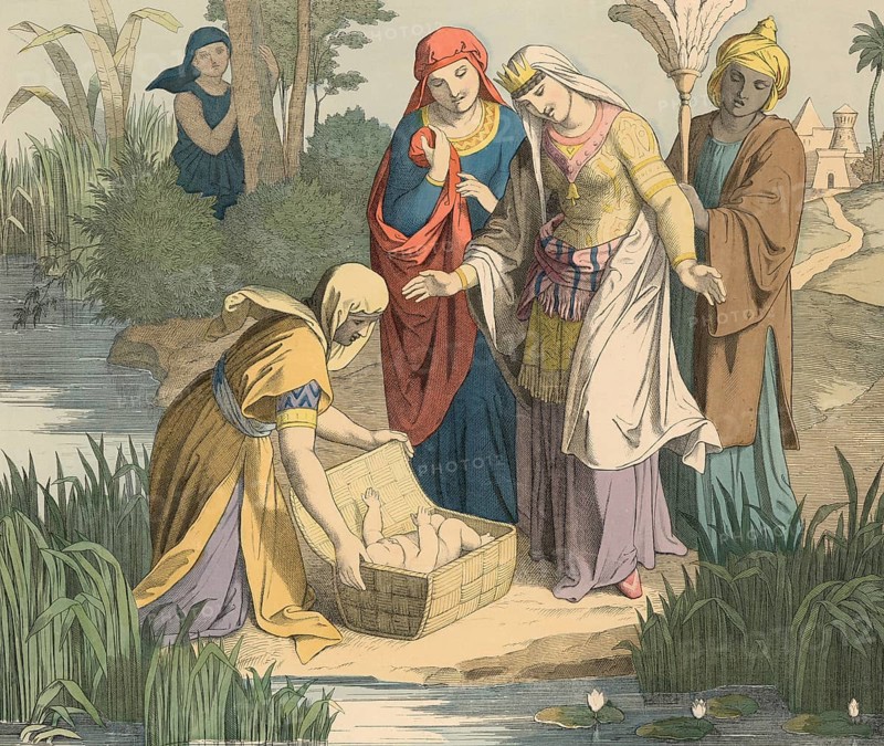 Biblical story, birth of Moses, Moses was born to Hebrew parents from the tribe of Levi. His father was called Amram and his mother Jochebed. Jochebed saw that her son was a special child and hid him from the Egyptian authorities for three months. When she could no longer hide it, she placed the baby in a reed basket, which she sealed with pitch and tar to waterproof it. She then set this basket out in reeds on the banks of the Nile, illustration, reproduction of a model from the 19th century. Authentic, file restored for optimal use, exact date of submission unknown, historical