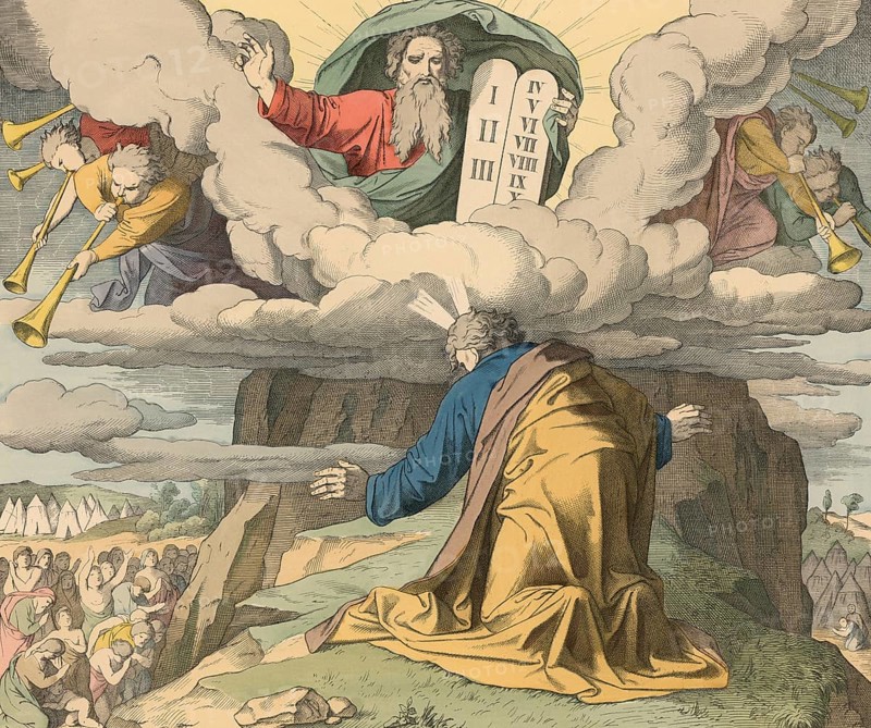 Biblical story, God gives the 10 Commandments in Sinai. God revealed himself in the midst of thunder and smoke and gave Moses the commandments governing people's relationship with God and one another on two stone tablets, illustration, reproduction from a 19th-century model. Authentic, file restored for optimal use, exact date of submission unknown, historical