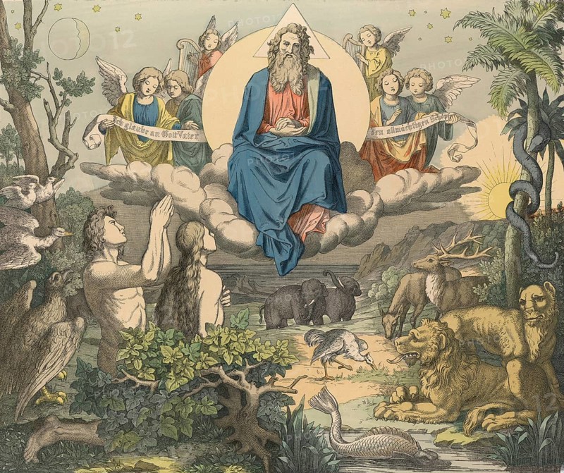Biblical story, The Creation of the World, illustration, reproduction from a 19th century model. Authentic, file restored for optimal use, exact date of submission unknown, historical