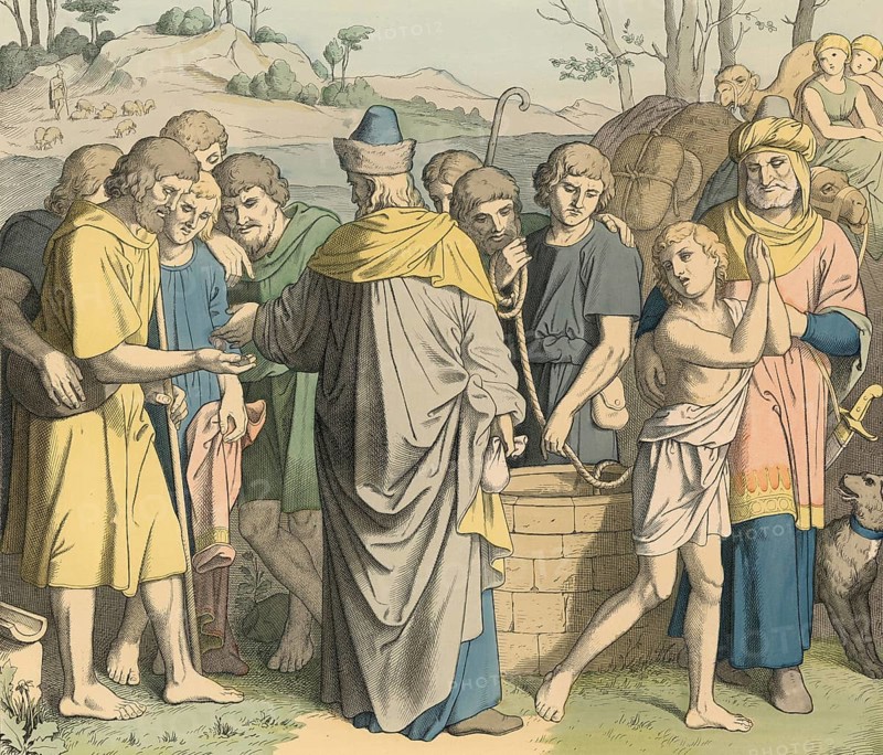 Biblical story, Joseph is sold to a foreign country, Joseph was sold by his brothers, who threw him into a cistern out of jealousy and then sold him to Ismail/Midianite traders who brought him to Egypt. There he was sold to Potiphar, a court official of the pharaoh, and made his servant, illustration, reproduction from a 19th-century model. Authentic, file restored for optimal use, exact date of submission unknown, historical