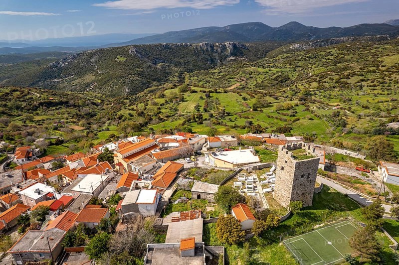 The village of Trachili on the island of Euboea or Evia seen from the air, Greece