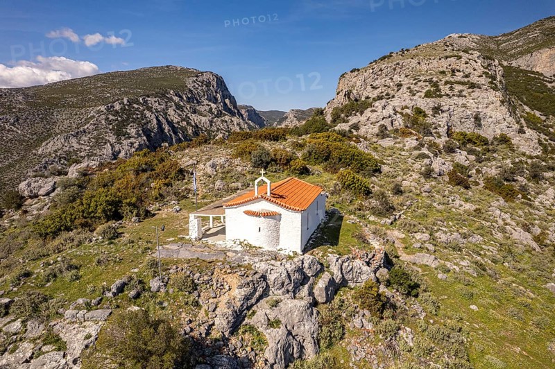Greek Orthodox Church of the Annunciation seen from the air in the countryside near Konistres, Euboea or Evia island, Greece
