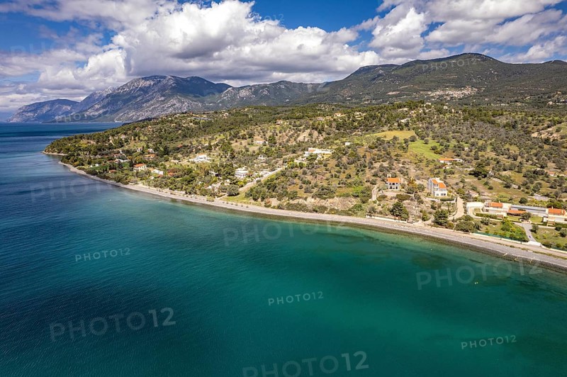 Landscape and beach near Politika on the island of Euboea or Evia seen from the air, Greece