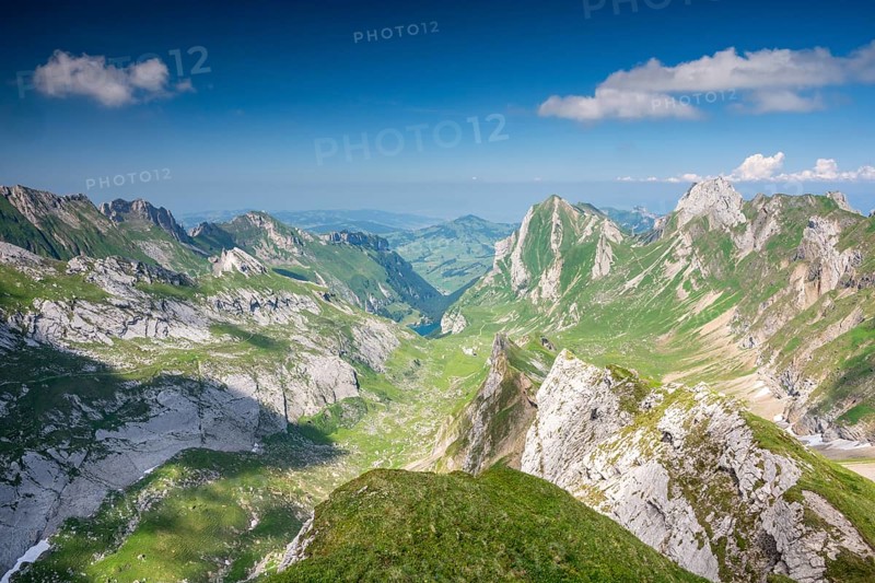 View over Alpstein Mountains into the Meglisalp Valley, Rotstein Pass, SÃ¤ntis, Appenzell, Switzerland