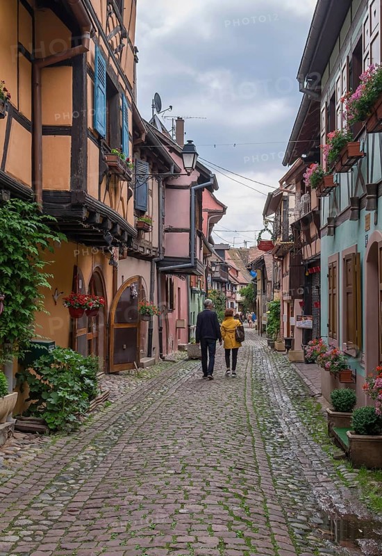 A narrow alley lined with traditional houses with plants and red flowers, Eguisheim, Plus Beaux Villages de France, Haut-Rhin, Alsace, France