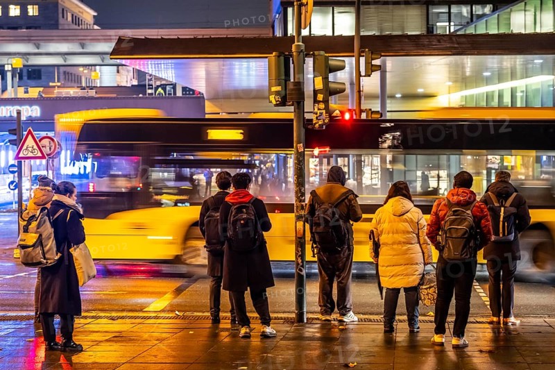 The main train station in Essen, bus station, am Europaplatz, pedestrian crossing, traffic light, North Rhine-Westphalia, Germany