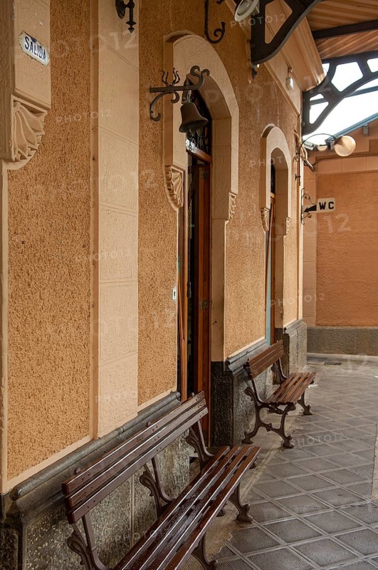 Soller train station, outer waiting area with 2 wooden benches, Majorca, Spain