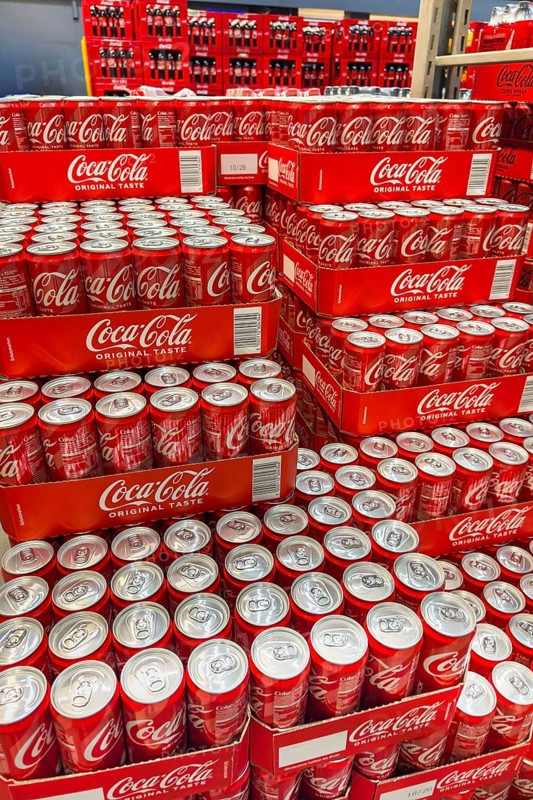 Pallet with cans drinking cans beverage cans of soft drink Coca-Cola Coke Coca Cola, Germany