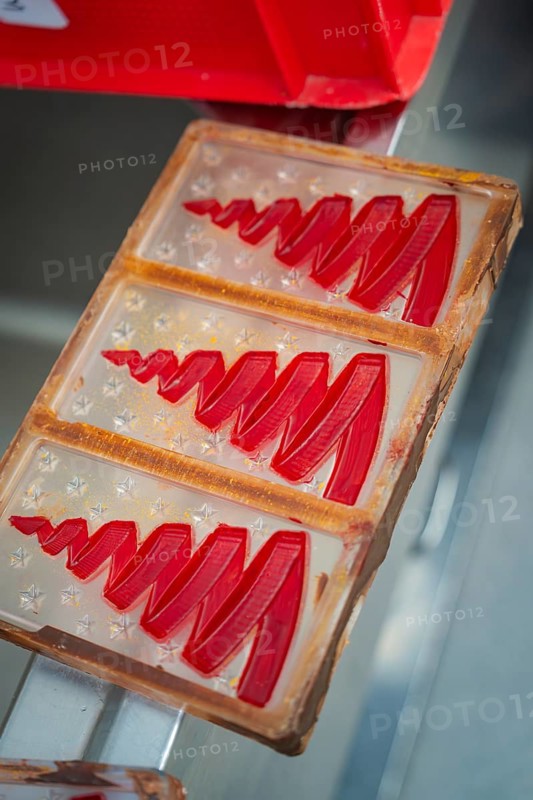 Red tree molds in a plastic chocolate mold, ready for casting, Christmas baking, Haselstaller Hof, Wildberg, Calw district, Germany