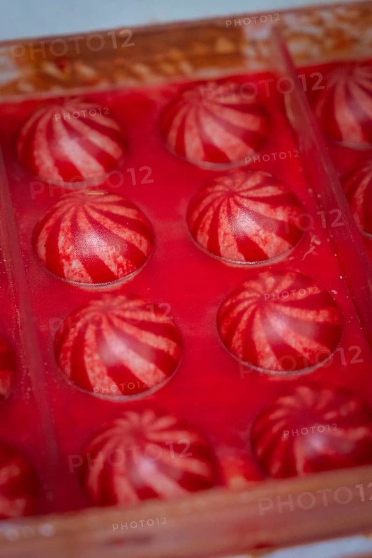 Close-up of detailed red balls in a mold, Christmas baking, Haselstaller Hof, Wildberg, Calw district, Germany