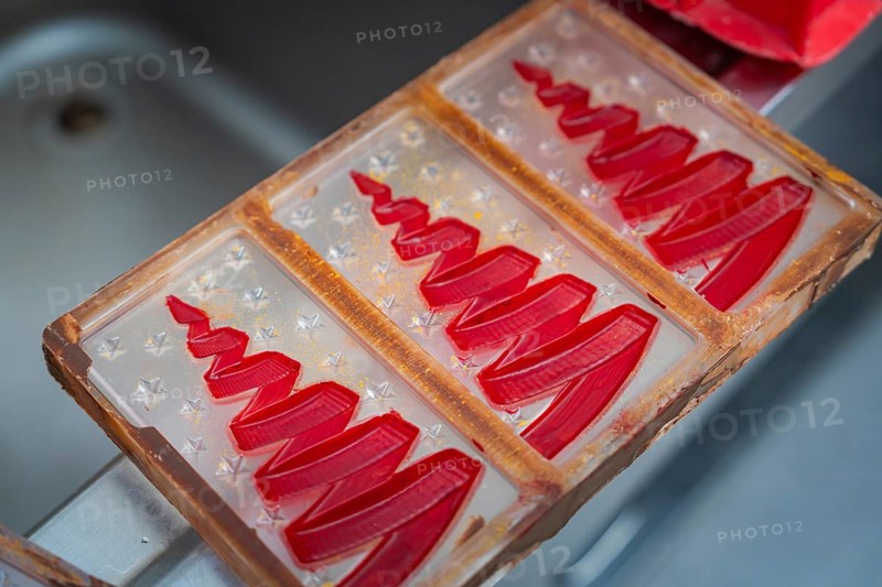 Red chocolate molds in a plastic tray, ready to make, Christmas baking, Haselstaller Hof, Wildberg, Calw district, Germany