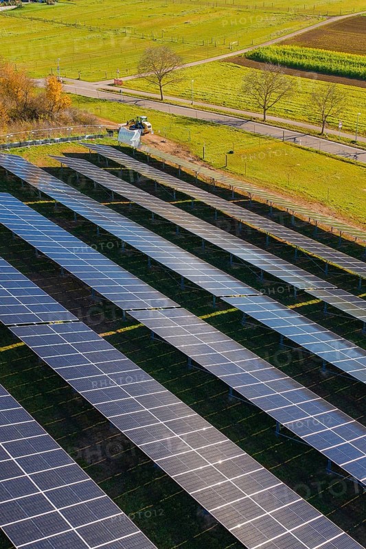 Close-up of solar panels in a field surrounded by autumn leaves, Bau PV Freifaechenanlage, Weil der Stadt, Germany