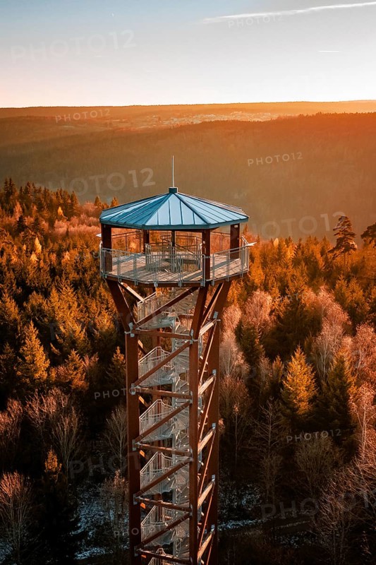 Close-up of observation tower over autumn-colored forest at sunrise, Hohe Warte observation tower, Hohenwart, Pforzheim, Germany