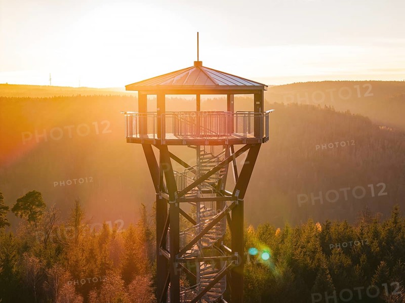 Close-up of a tower illuminated by the glowing sun, Hohe Warte observation tower, Hohenwart, Pforzheim, Germany
