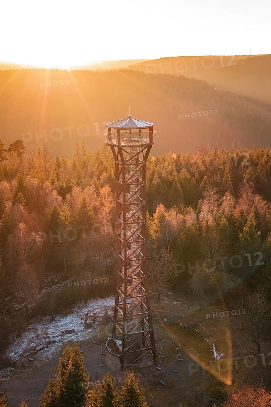 A sunrise casts golden light on an observation tower and forest, Hohe Warte observation tower, Hohenwart, Pforzheim, Germany