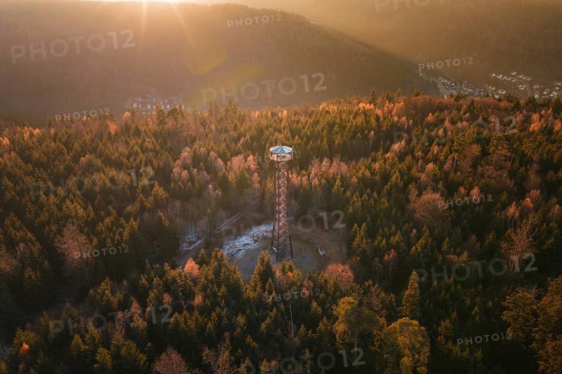 Observation tower at dusk, nestled in autumnal forests on a hill, Hohe Warte observation tower, Hohenwart, Pforzheim, Germany