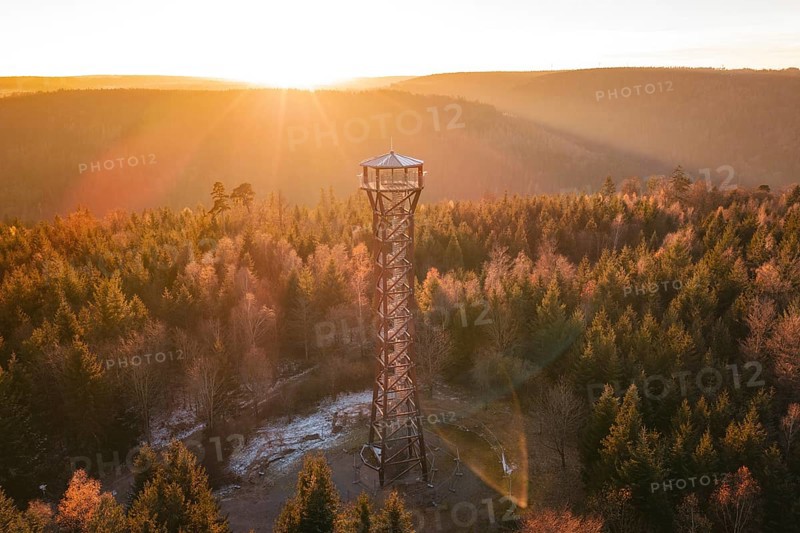 A high observation tower overlooks the autumnal forest at sunrise, Hohe Warte observation tower, Hohenwart, Pforzheim, Germany