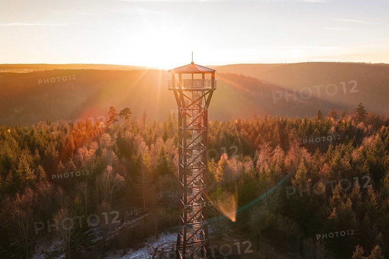 An isolated observation tower overlooks an autumnal forest in first light, Hohe Warte observation tower, Hohenwart, Pforzheim, Germany