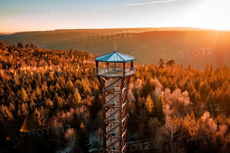 Observation tower stands in front of a wonderful panoramic view of autumnal forest in sunlight, Hohe Warte observation tower, Hohenwart, Pforzheim, Germany