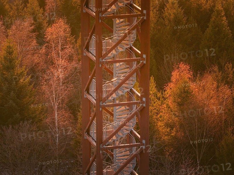 Detailed view of an observation tower from below with autumn surroundings, Hohe Warte observation tower, Hohenwart, Pforzheim, Germany