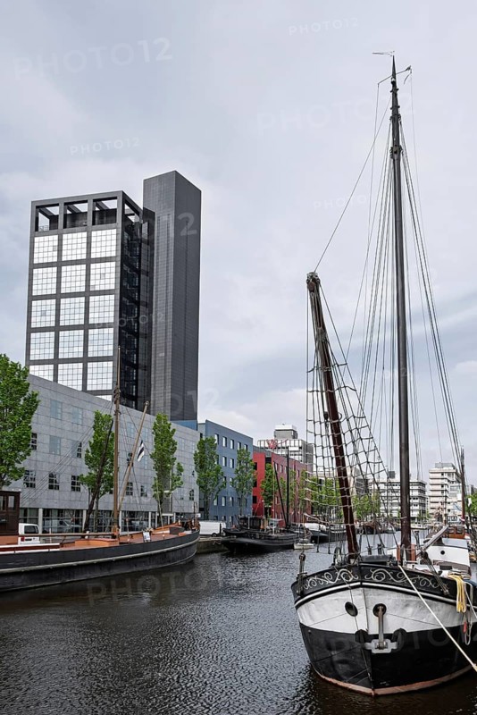 Zuiderstadsgracht with museum harbor and AVERO tower, Willemskade, Leeuwarden, Friesland Province, Netherlands