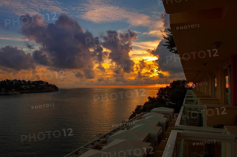 Sunset, view from hotel balcony, Santa Ponsa Bay, Majorca, Spain