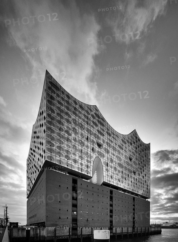 Glass faÃ§ade of the Elbe Philharmonic Hall, Elphie, Free and Hanseatic City of Hamburg, black and white, Germany