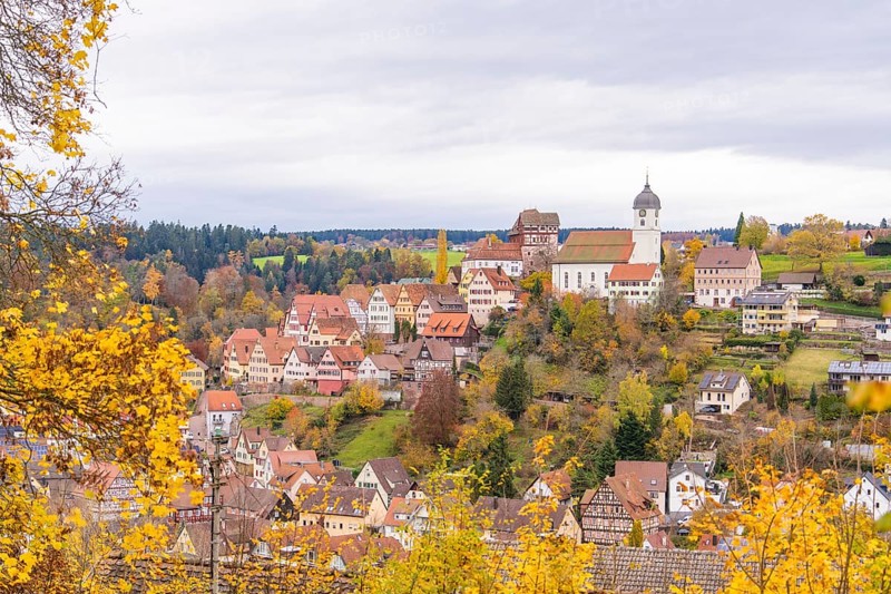 Panorama of a traditional town with church tower, surrounded by autumn landscape and fields, Altensteig, Calw district, Germany