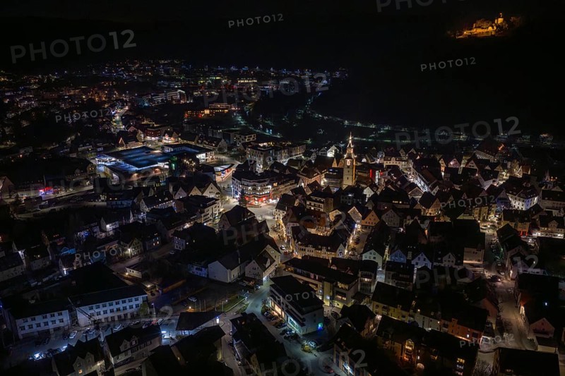 Panoramic view of a city at night with illuminated streets and buildings, Nagold, Calw district, Germany